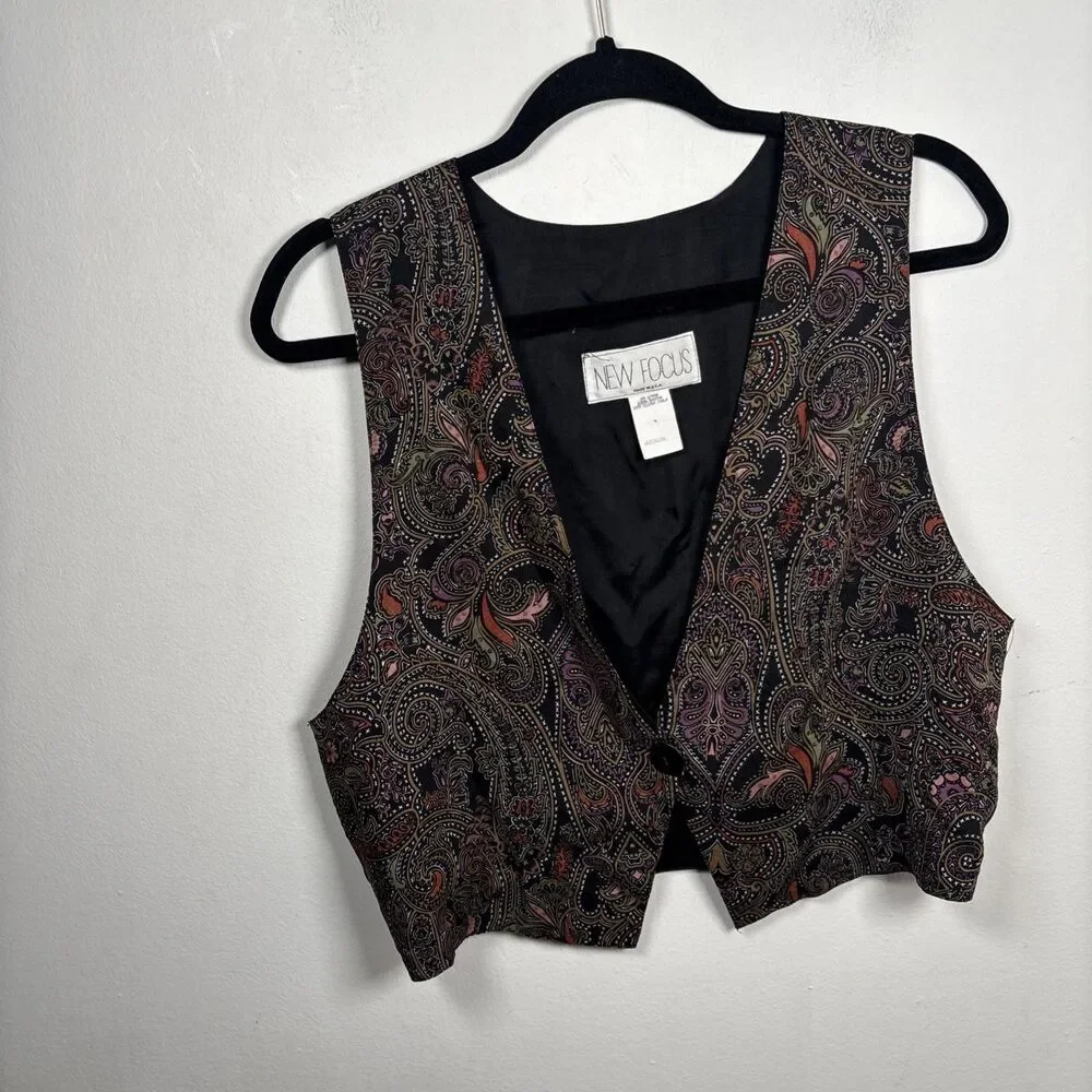 Vintage Retro Paisley Vest Women’s M 100% Rayon Made USA Button Front 90s Boho